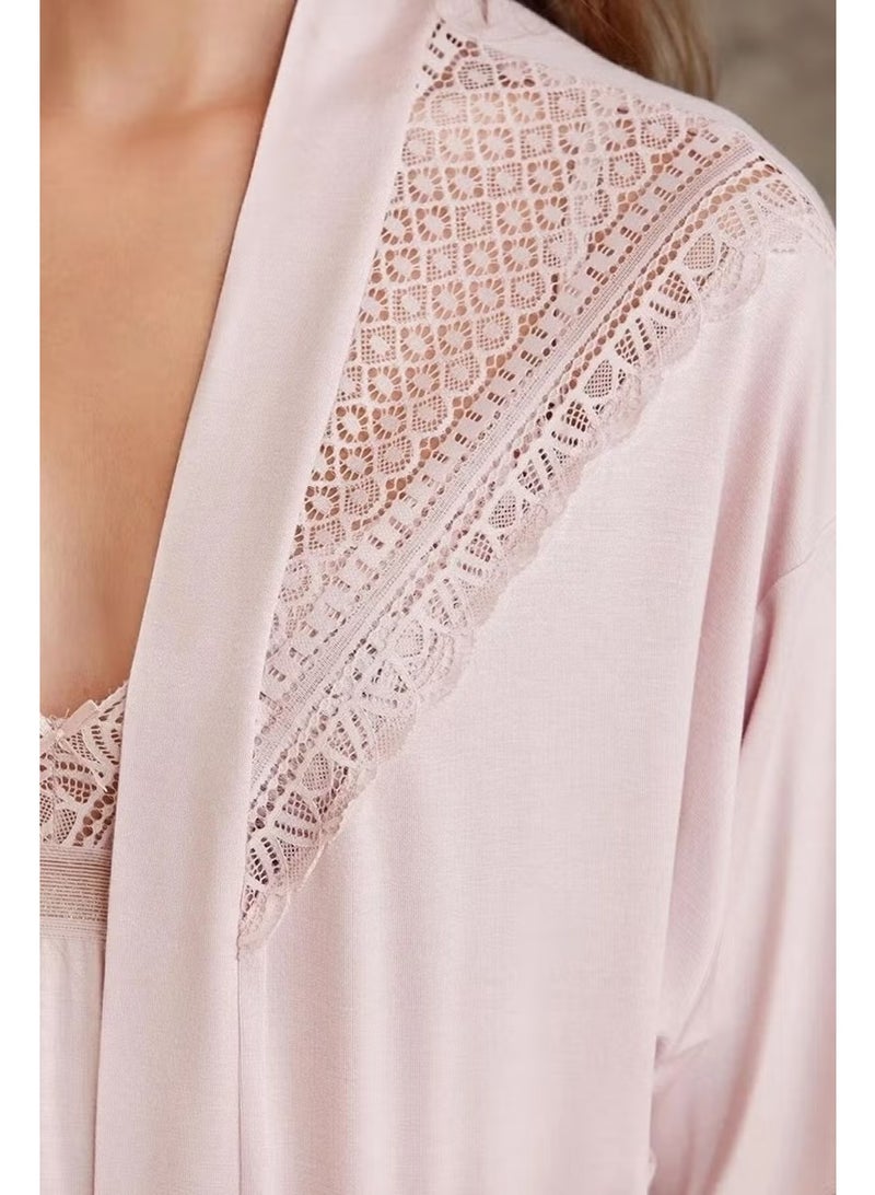 pierre cardin 2820 Women's Combed Cotton Lace Pajama Set with Dressing Gown - Powder - Image 3
